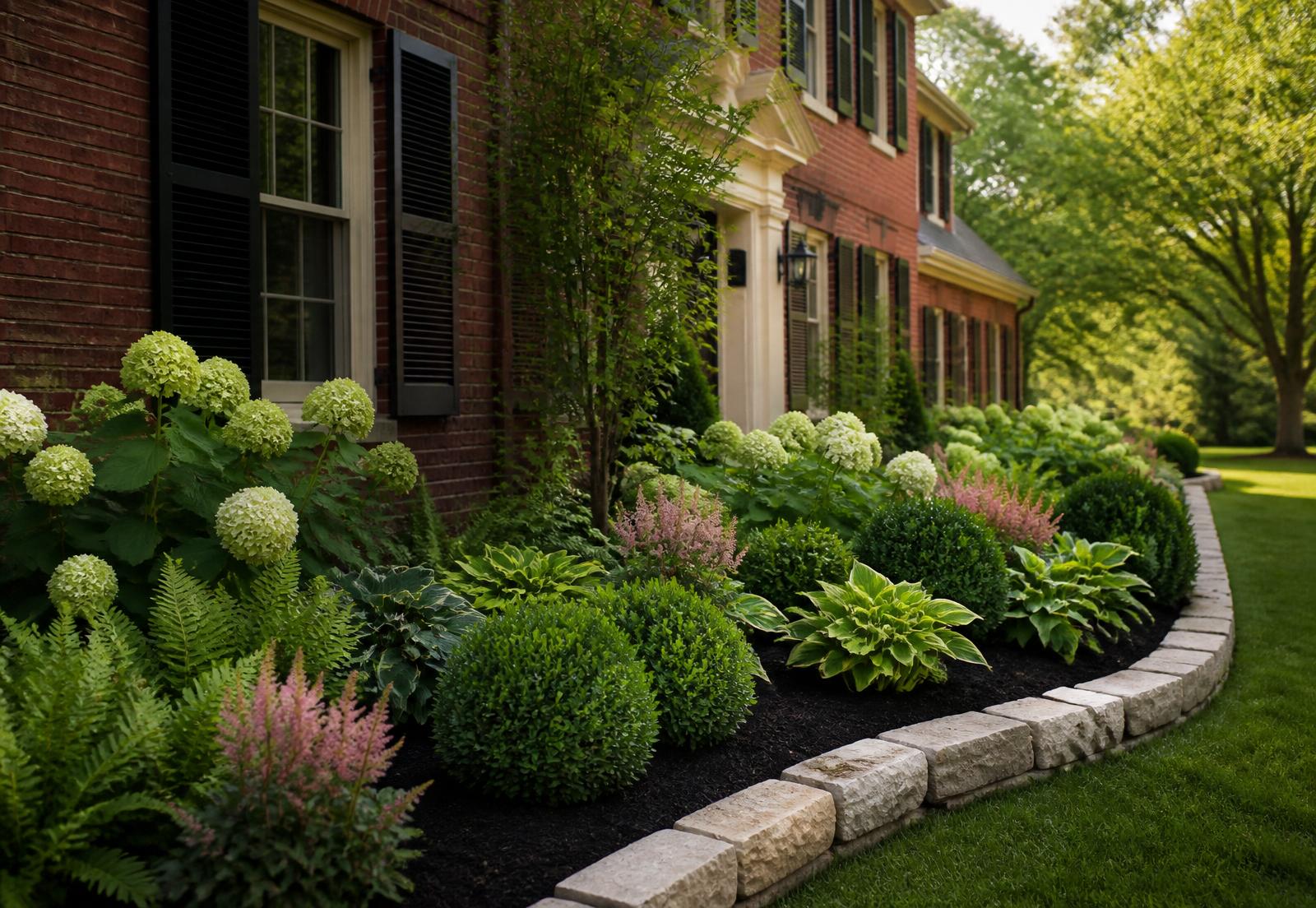 Renovated garden bed at a Carmel Indiana brick colonial with boxwoods, hydrangeas and limestone edging