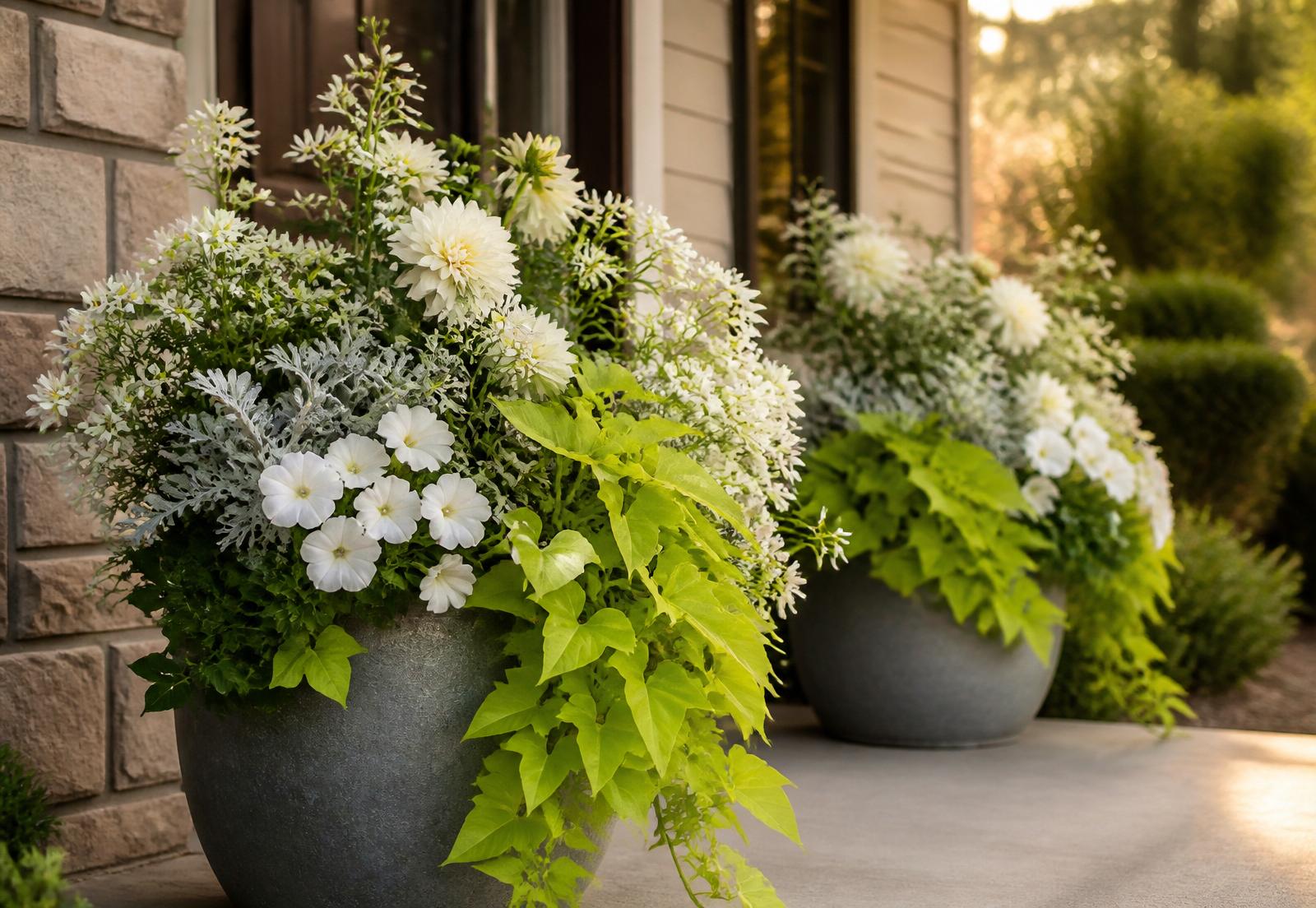 Aged zinc planters on a Fishers Indiana front porch with white dahlias, sweet potato vine and petunias