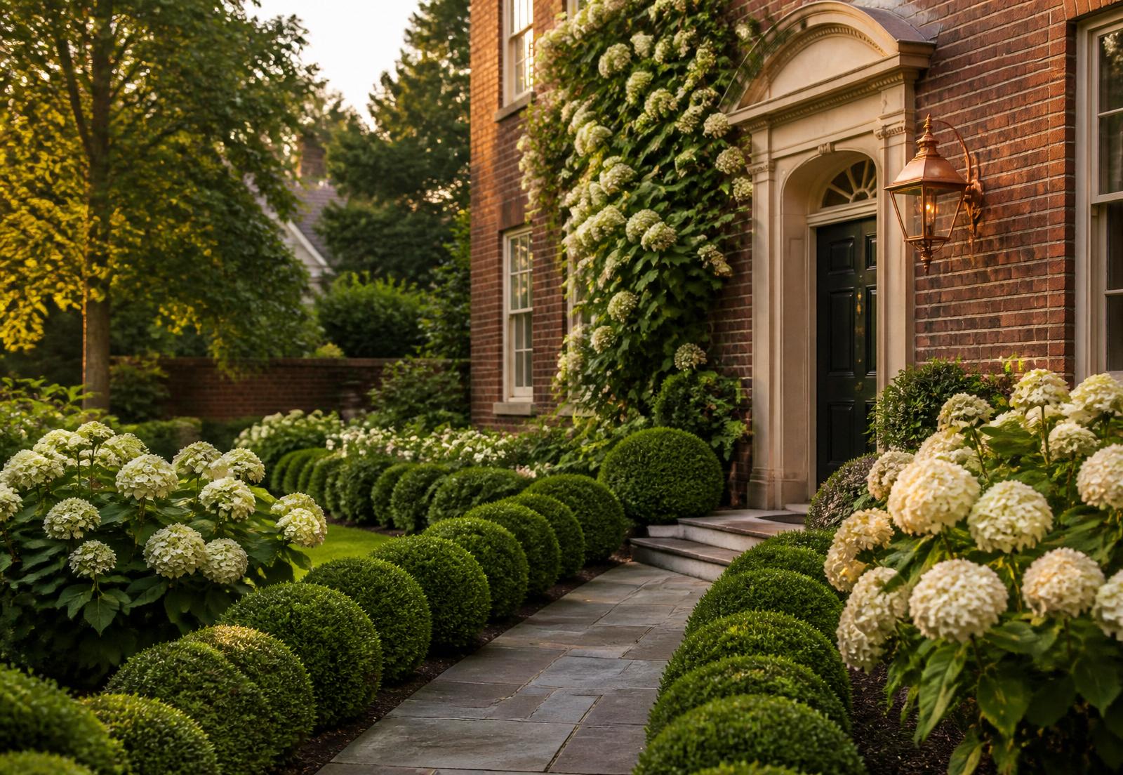 Entry garden at a Carmel Indiana Georgian home with bluestone walk, clipped boxwood, white hydrangeas and copper lantern