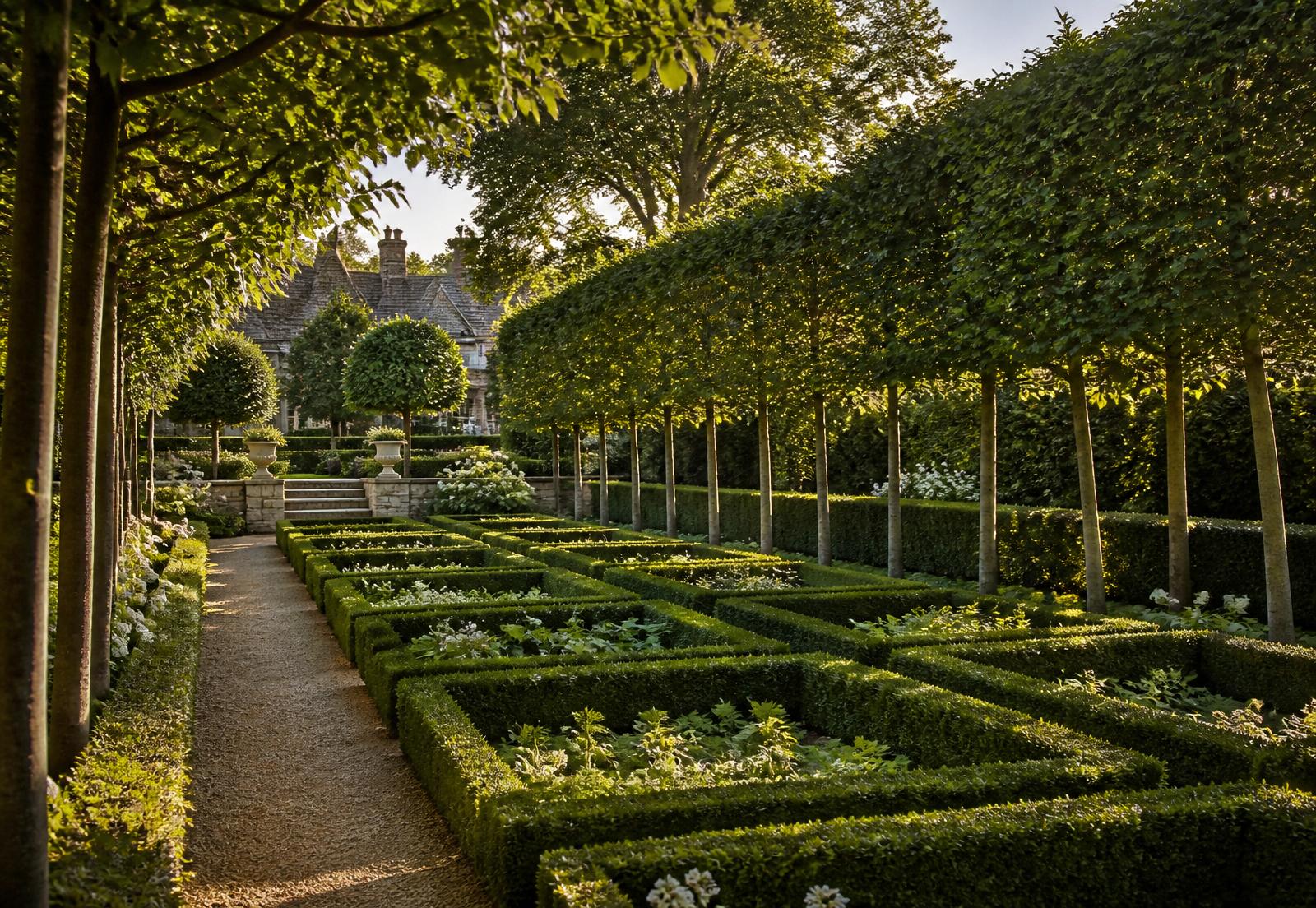 Estate parterre garden with clipped boxwood, hornbeam allee and stone urns at a Geist Indiana property