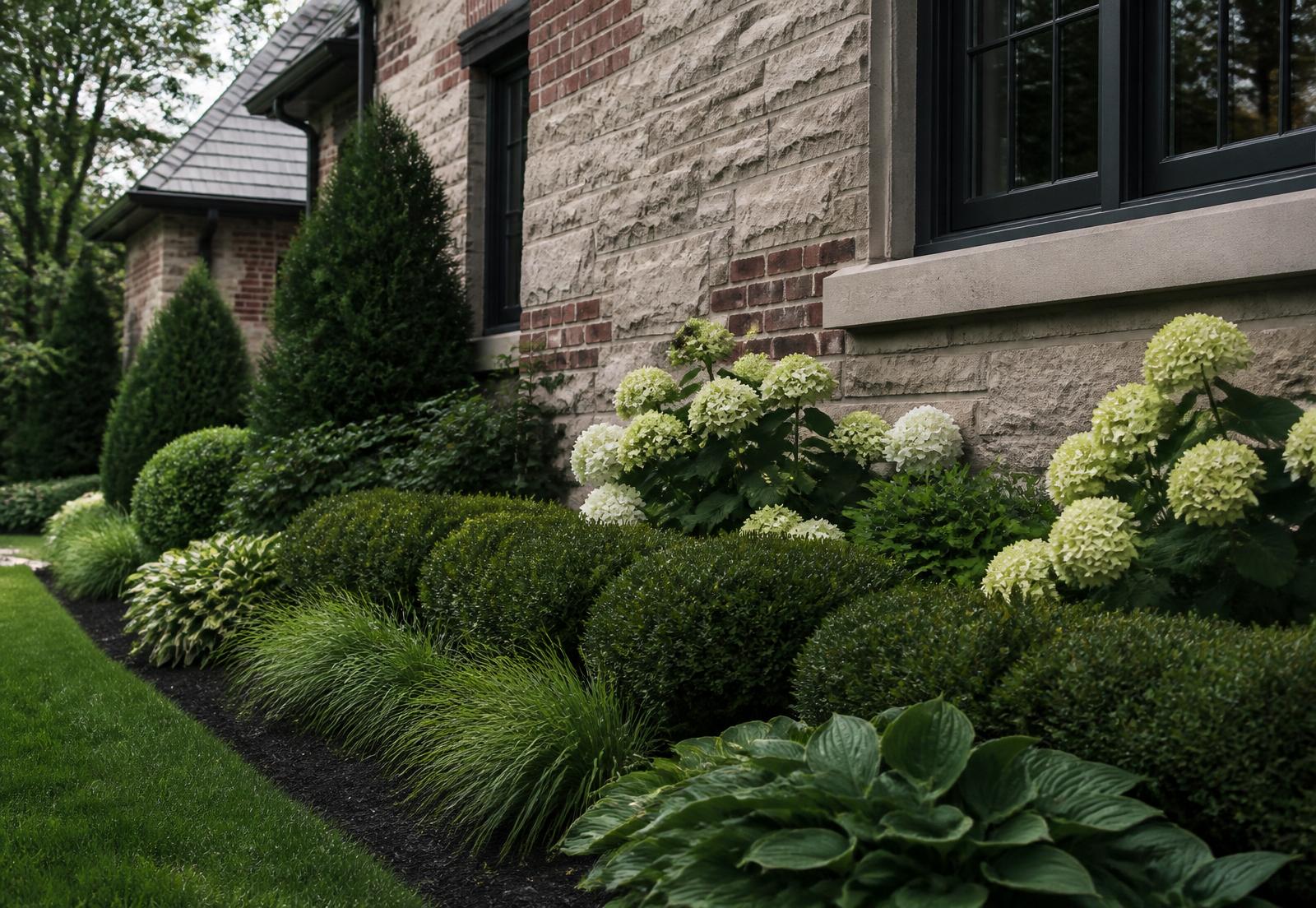 Foundation planting with boxwood, hydrangea and hostas against the limestone and brick base of an Indianapolis tudor home