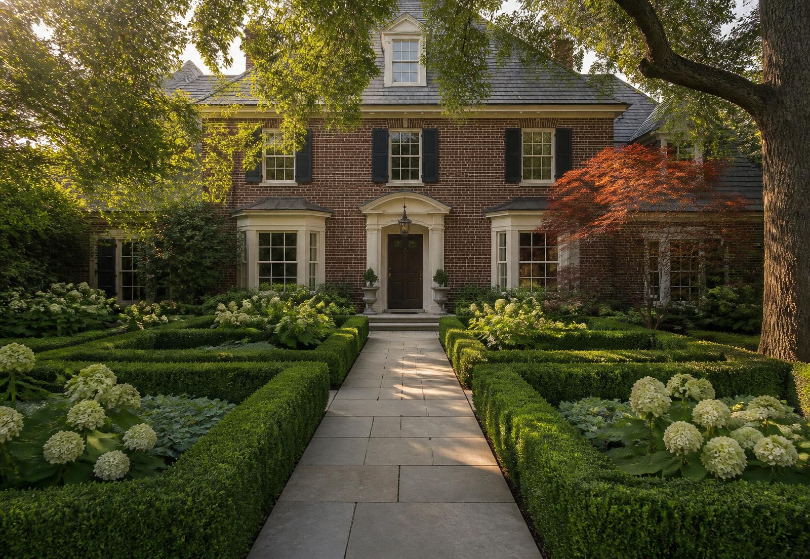 Front yard of a Zionsville Indiana brick colonial with boxwood parterre, Limelight hydrangeas and limestone walk