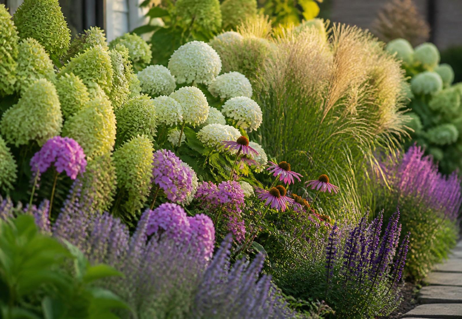 Mixed perennial border with Limelight and Annabelle hydrangeas, catmint, phlox and ornamental grasses in Indianapolis