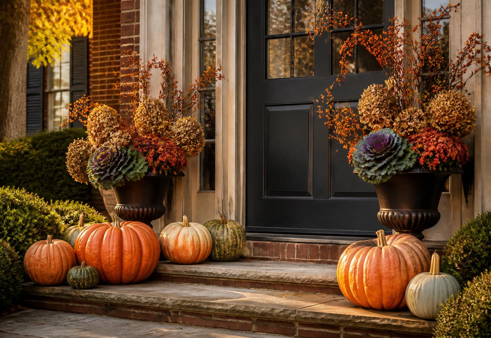 Autumn entry display with heirloom pumpkins, mums and dried hydrangea at a Noblesville Indiana brick colonial